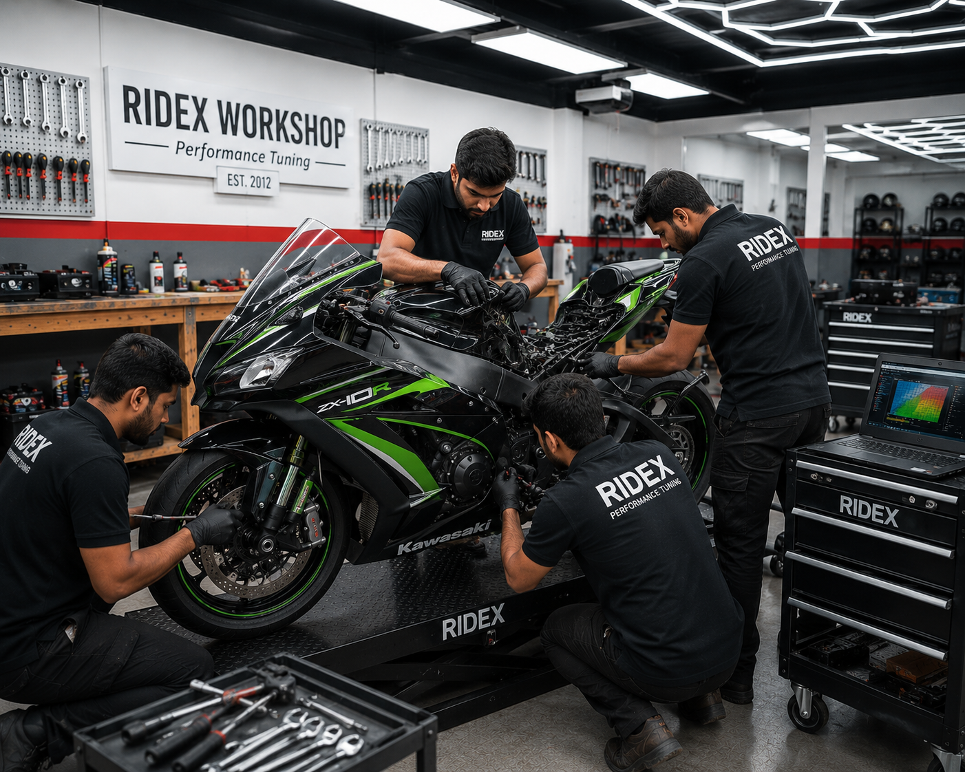 RIDEX mechanic working on motorcycle with professional tools