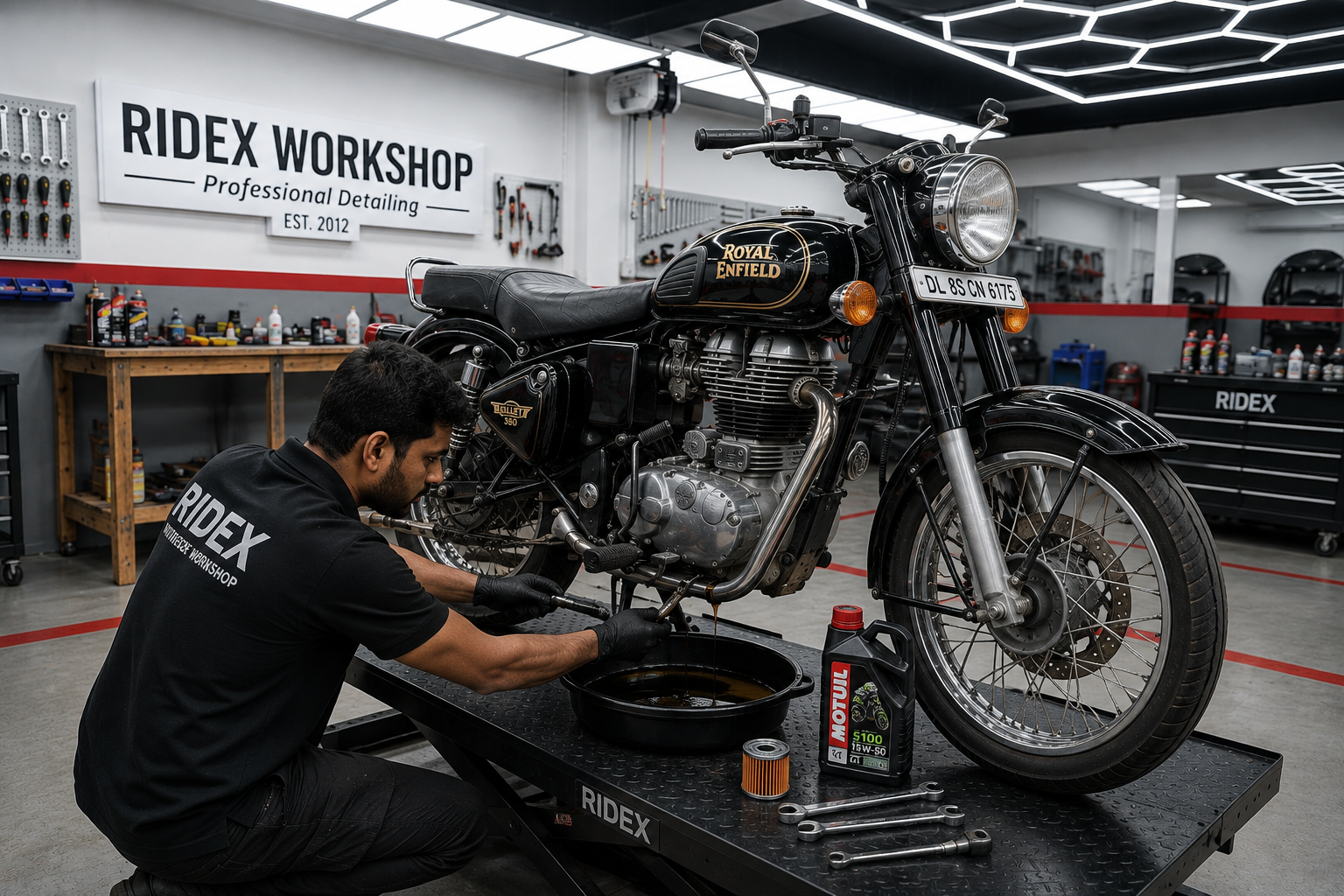 Engine oil change service on motorcycle