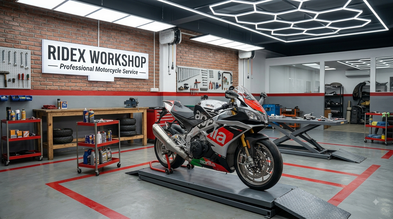 Professional motorcycle workshop with service lifts