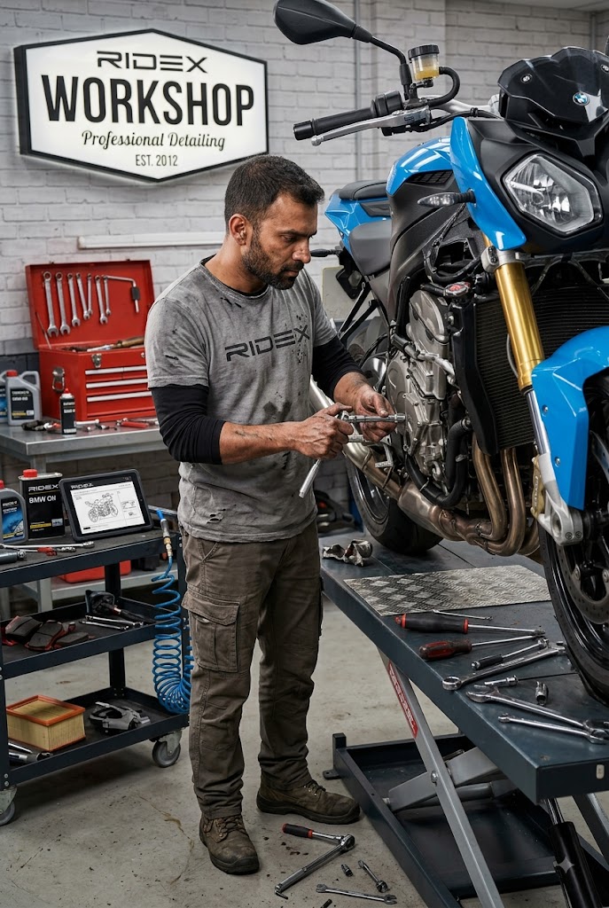 Motorcycle engine servicing at RIDEX workshop
